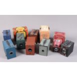 Coloured Box Cameras, including a black & burgundy No 2 Beau Brownie, a green Coronet and a boxed