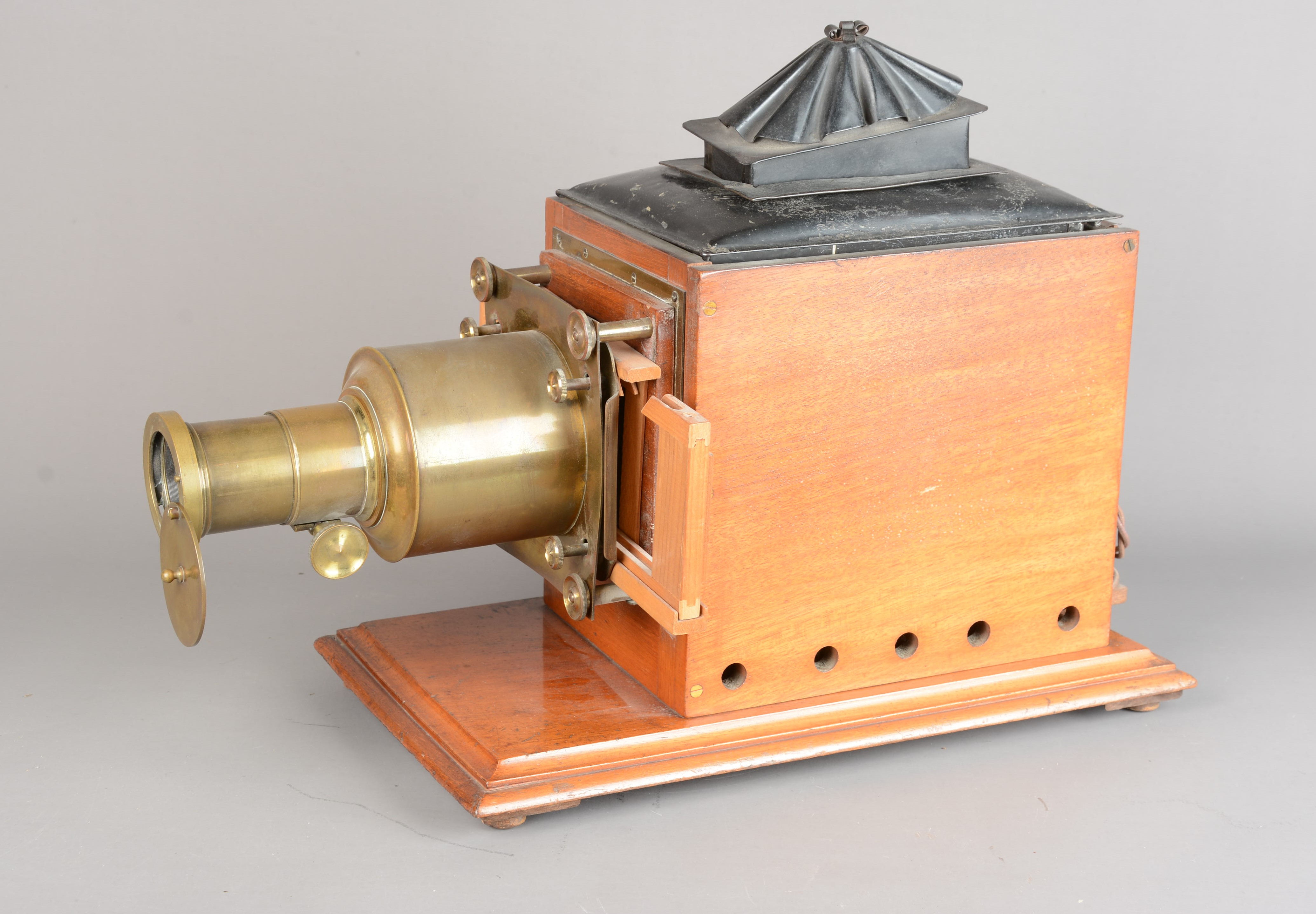 Late 19th Century Magic Lantern and Portable Stand, mahogany and brass mahogany magic lantern, 1890s