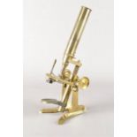 Late 19th Century lacquered brass Compound Monocular Microscopes, first with eyepiece, rack and