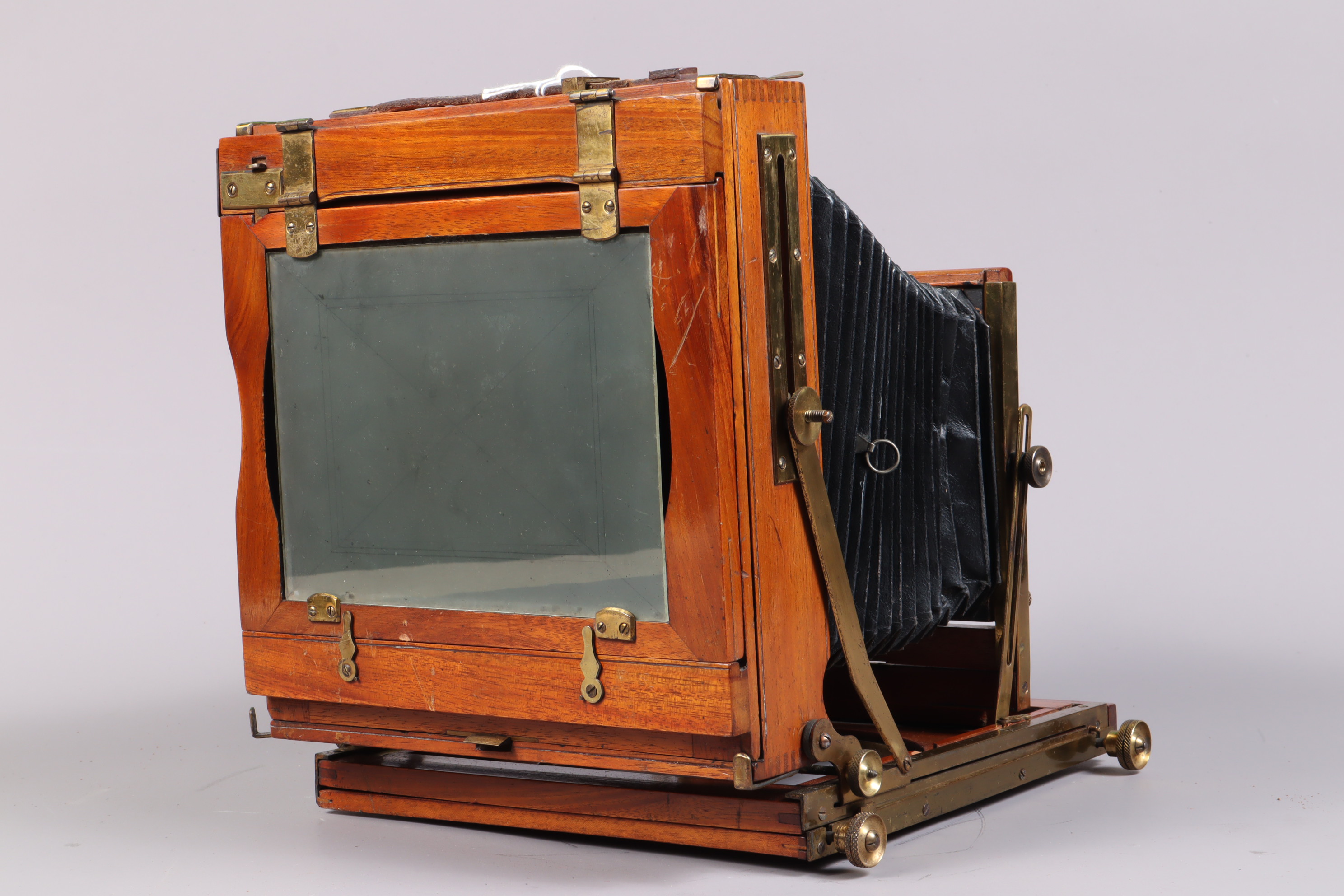 A Half Plate Mahogany and Brass Field Camera, tapered chamfered-corner black bellows, triple - Image 3 of 3