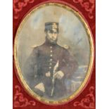 Cased Portrait Daguerreotypes of Gentlemen, oval quarter-plate - young bearded officer, sword in