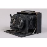 An Adams Vesta Stereo Folding Plate Camera, twin 2¾ x 3¼ images on 5½ x3½in approx plates, body G,
