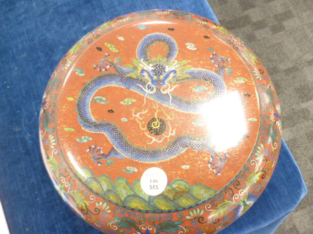 A nice early 20th century Chinese cloisonne circular box, 30cm diameter, with dragon chading flaming - Image 2 of 10