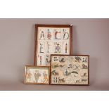 Three framed Victorian childrens games items, including a set of cards, a set of circular letter