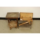 Five wooden items from a church, including a modern crucifix, two small carved stools, a box and a