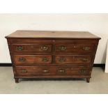 A 19th century oak Lancashire chest, 148cm wide, hinged lid, above two sets of two short drawers