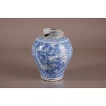 A 19th century British delft pottery vase, heavily damaged to neck, ovoid blue and white decoration,