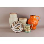 A c1960s Glynn College tankard and bowl, together with a bright orange jug and two Denby vases (5)