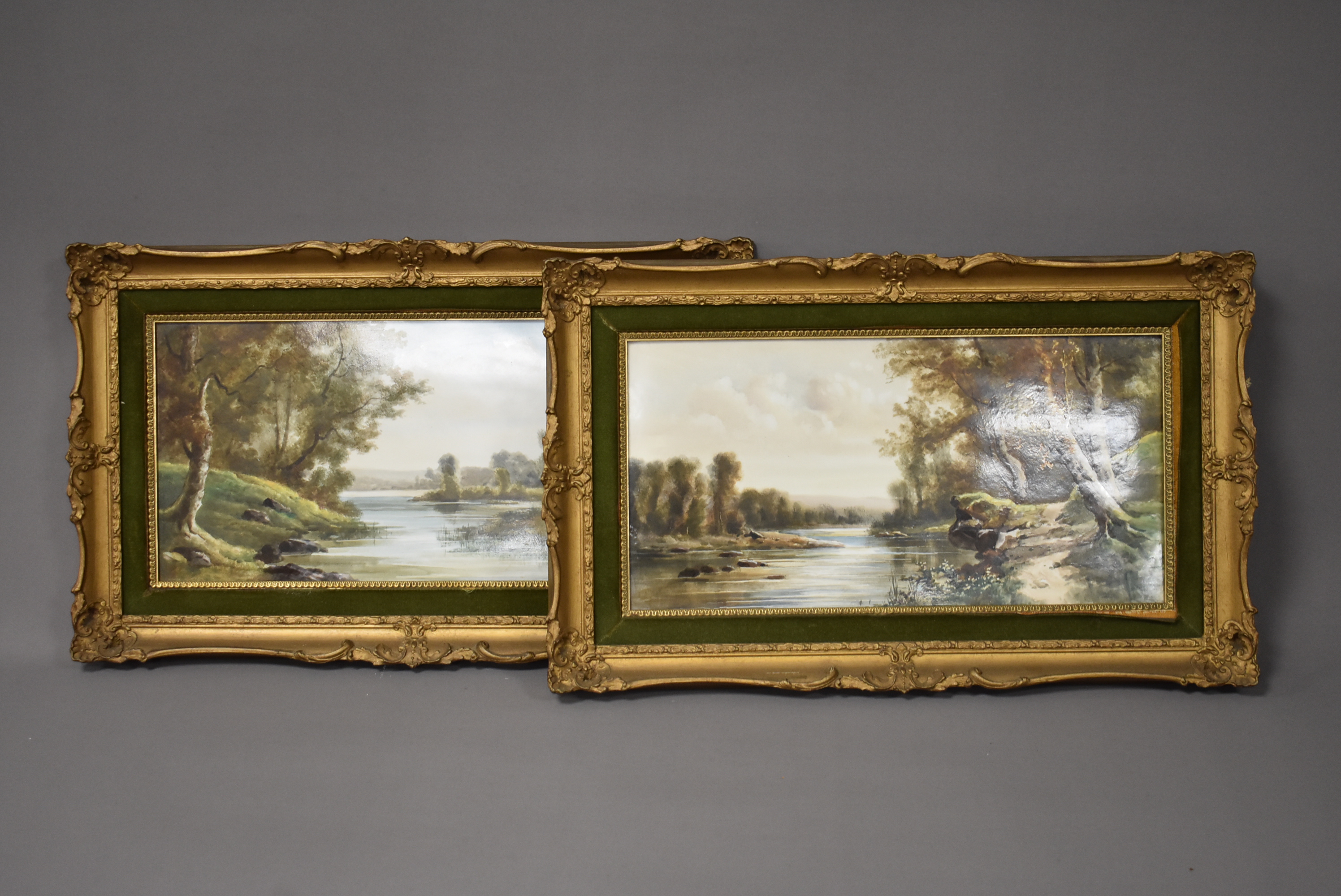 19th century (British School), 20cm by 39cm, handpainted on tile, two countryside river scenes,