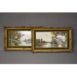 19th century (British School), 20cm by 39cm, handpainted on tile, two countryside river scenes,