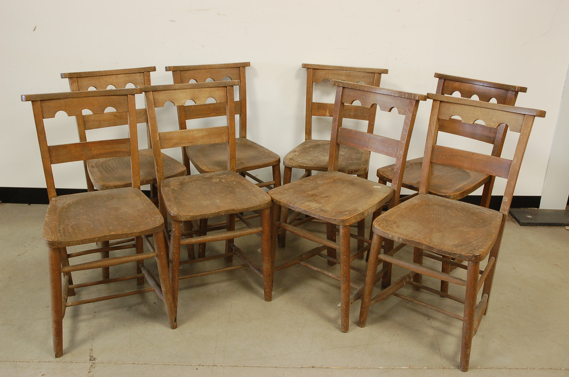 A set of eight mid 20th century church chairs