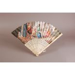 A fine 18th century continental carved ivory and painted paper leaf fan, 27cm, the Italian well