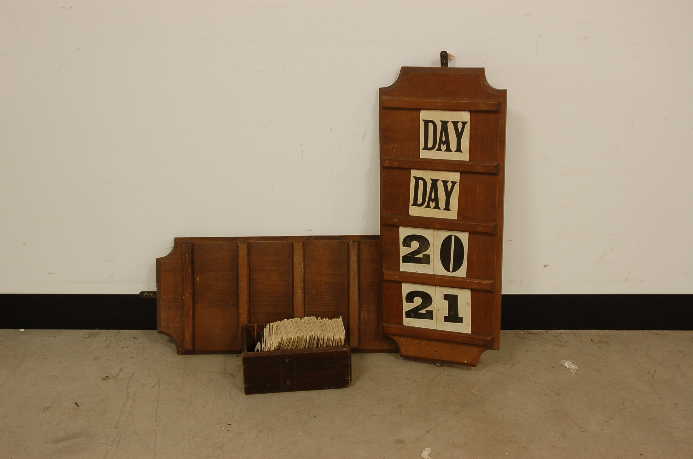 A pair of Victorian oak church hymn boards, with a box of card numbers (3)