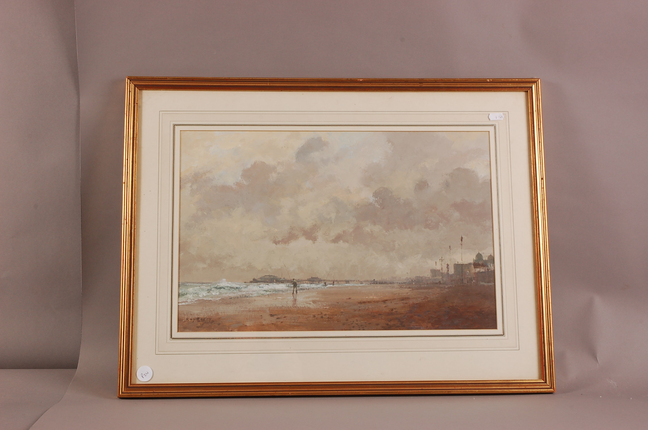 Roy Perry (20th century), 33.5cm by 53cm, watercolour on paper, Beach Fishing Near Brighton, label