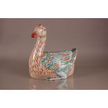 A large modern Chinese porcelain duck turreen, 37cm high, in two sections, with four character