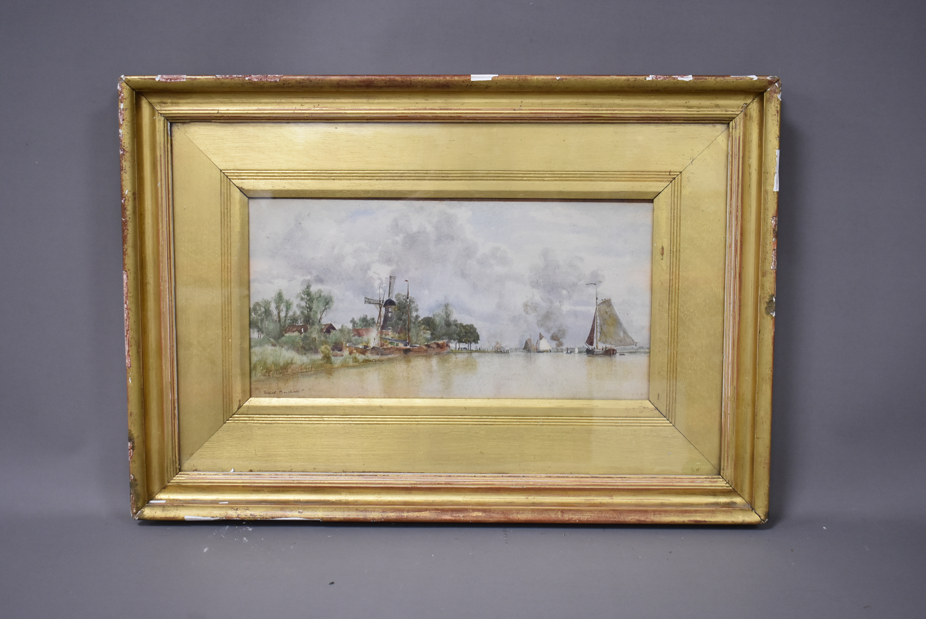 Herbert Menzies Marshall (1841-1914), 17cm by 35cm, watercolour, Windmill next to river, signed to