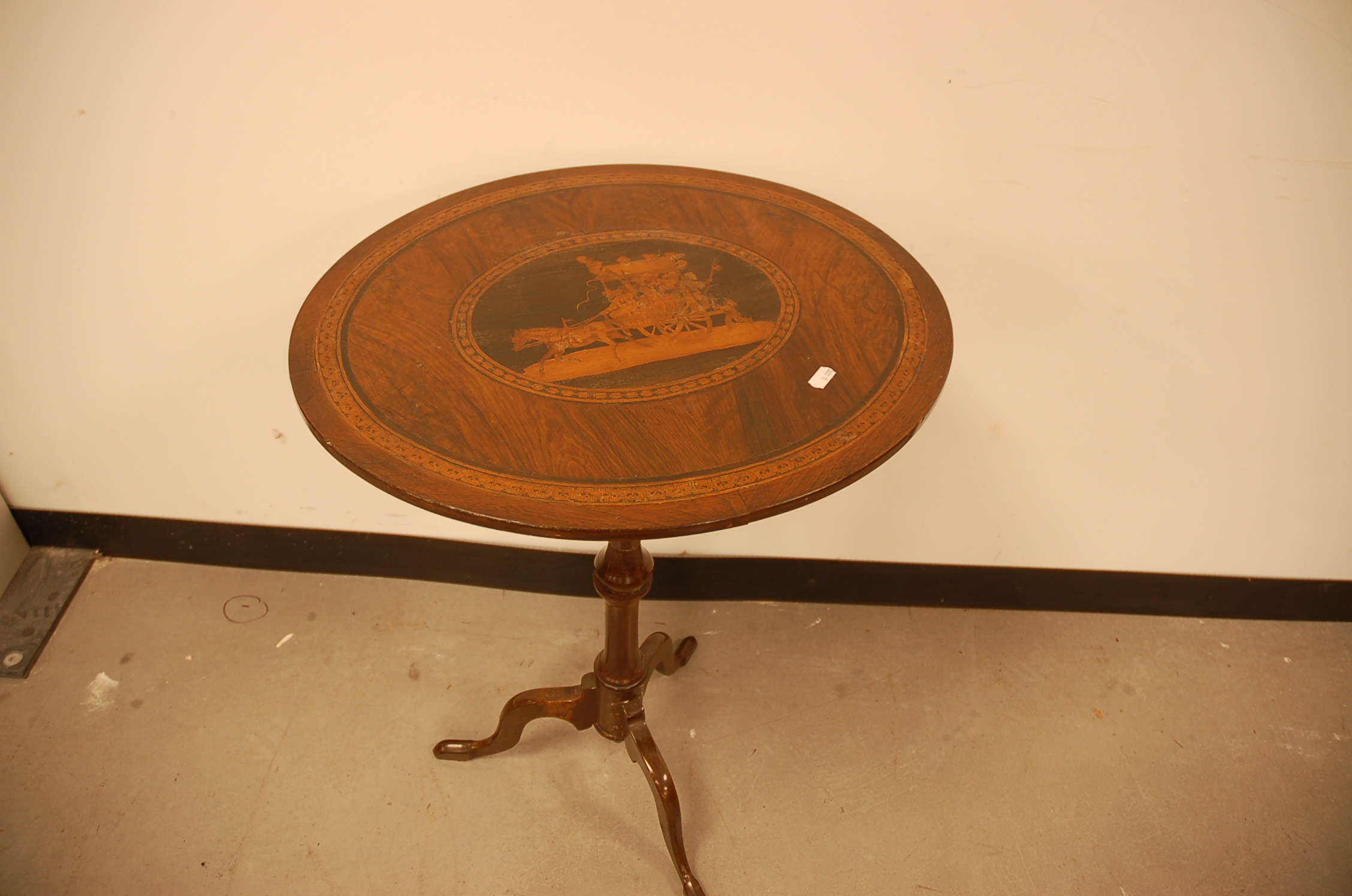 A Victorian ocassional table, repaired and glued tripod base, having nice Tunbridge Ware oval top,