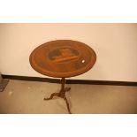 A Victorian ocassional table, repaired and glued tripod base, having nice Tunbridge Ware oval top,