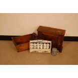 A French wooden white painted spice rack with six pottery spice shakers, together with a small oak