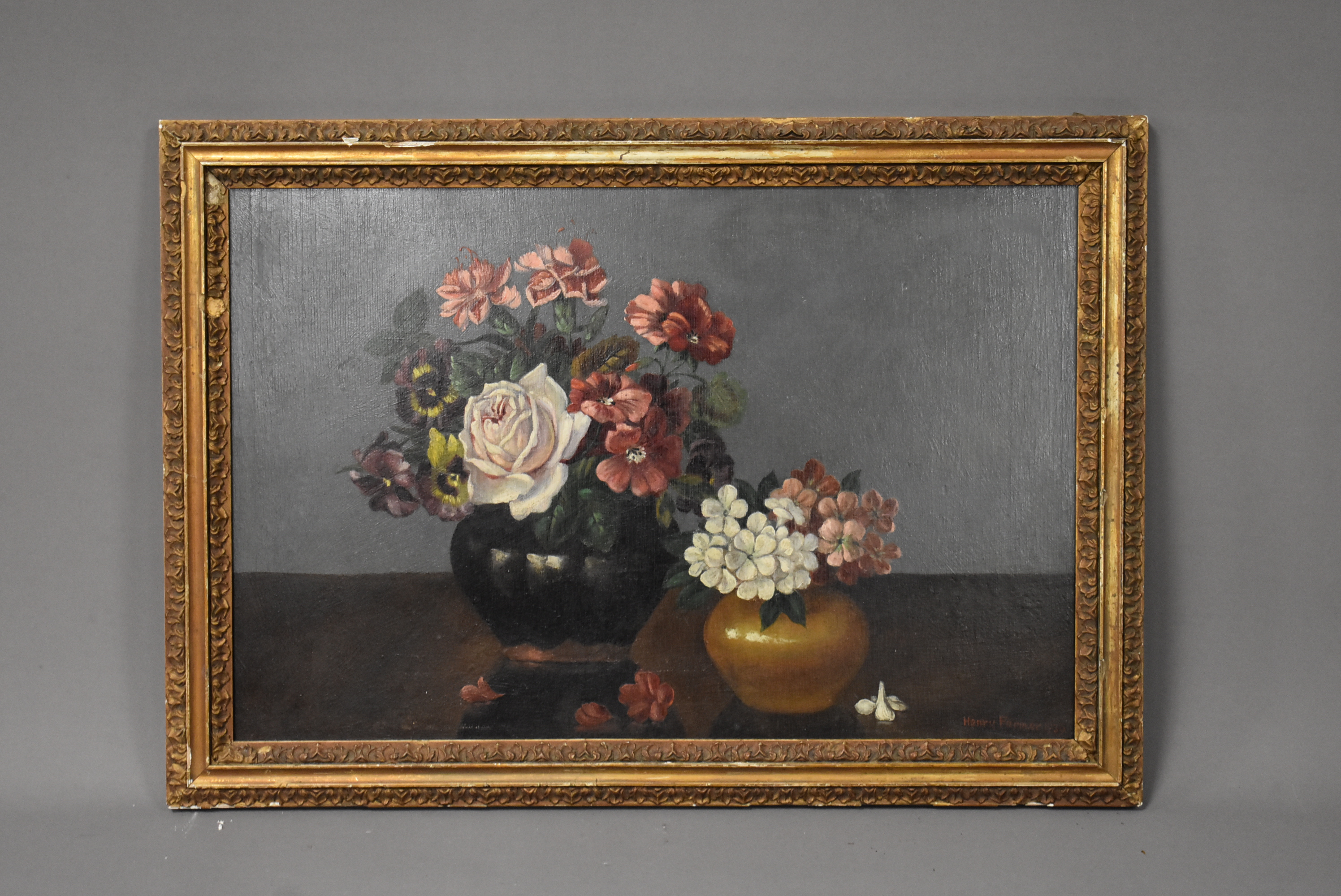 Henry Farmer FRSA (20th Century), 28cm by 43cm, oil on board, Still Life, flowers in vases, signed