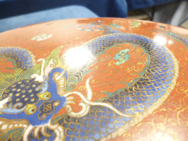 A nice early 20th century Chinese cloisonne circular box, 30cm diameter, with dragon chading flaming - Image 9 of 10