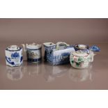 Four Oriental porcelain teapots and a Chinese porcelain iron, the blue and white Chinese porcleain