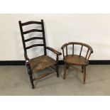 Two vintage children's chairs, one ladder back, the other with horseshoe shaped top rail (2)
