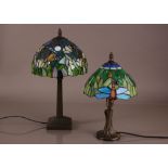 Two modern table lamps, 43cm and 34cm high, in the Tiffany style with lead glass shades with