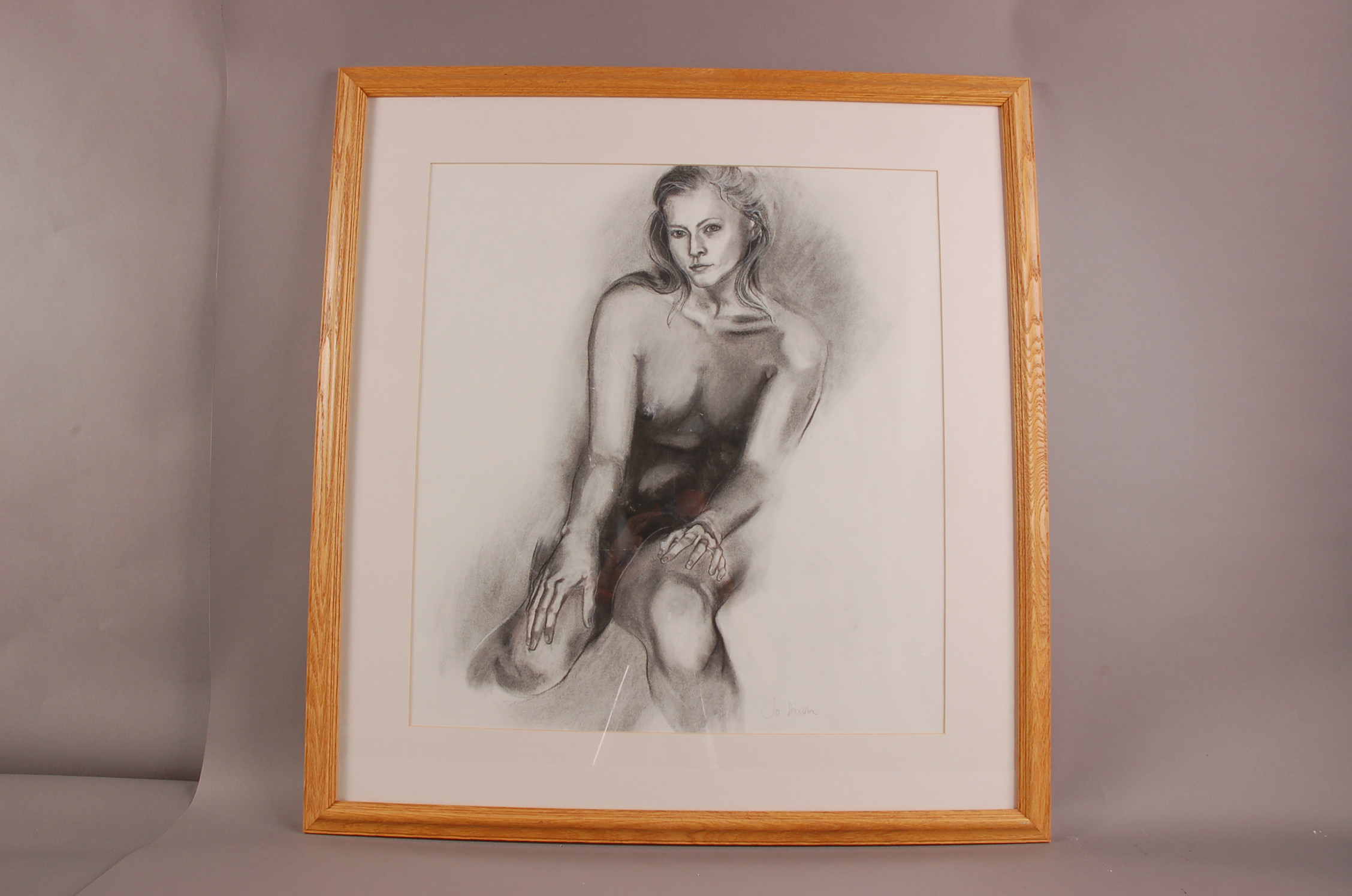 Jo Dixon (20th century), 58cm by 53cm, charcoal on paper, Portrait of a Young Nude Lady, signed,