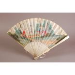 A mid-18th century ivory and paper leaf fan, 27cm, the guards with inset mother of pearl, the leaf