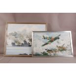 British School (20th century), two oil on boards, Two spitfires, and, Naval Battle Scene (2)