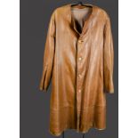 A leather motoring coat and a moleskin jacket, 1920s the round necked coat front-fastening; the