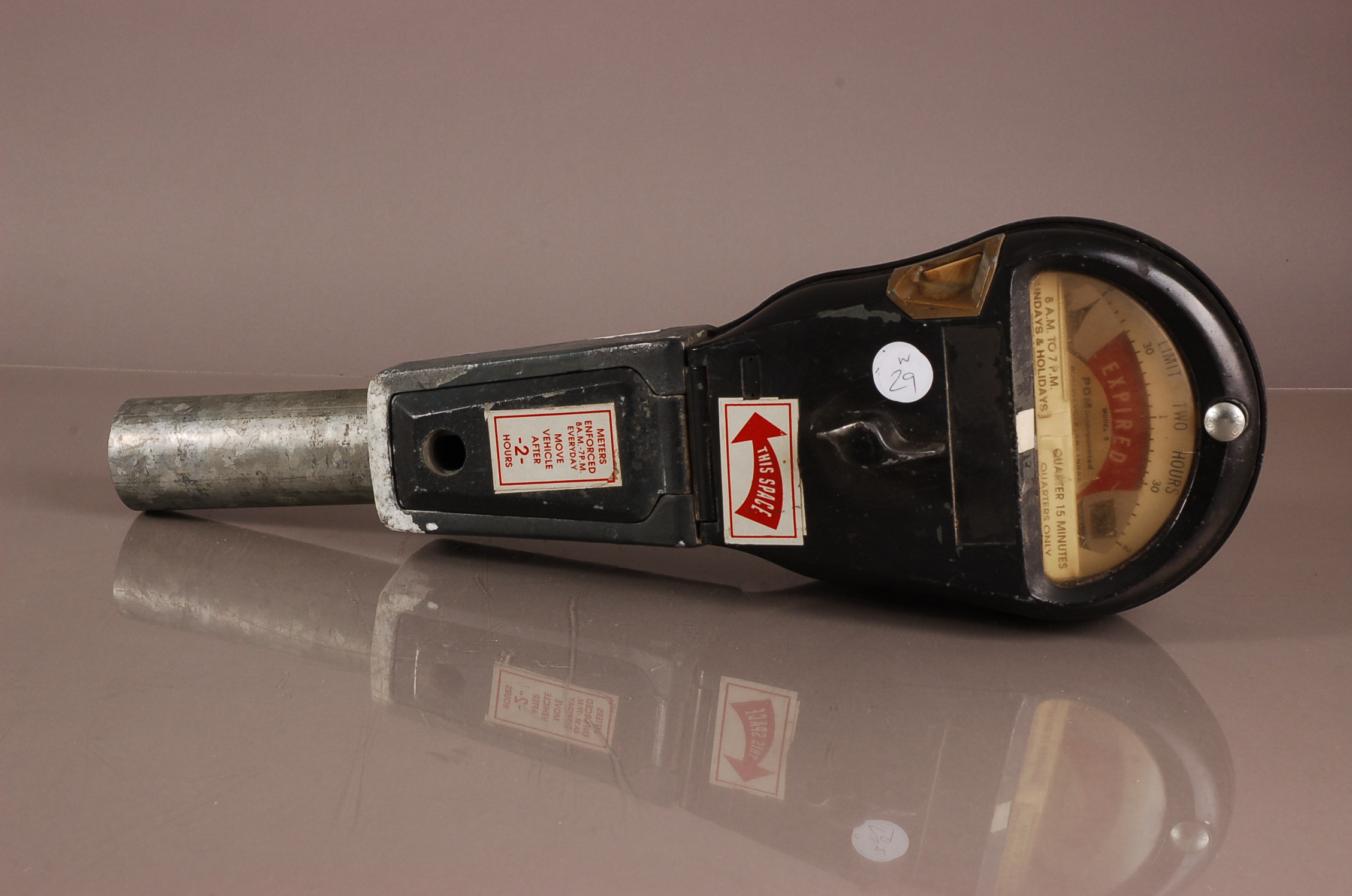 A vintage American car parking meter, the Model S by the POM incorporated company, cut off from