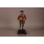 A mid 20th century spelter figural clock, 40cm, AF, modelled as a well dressed gentleman with