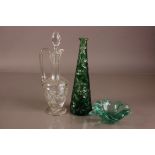 A late 19th century Bohemium clear and green cut glass tapered bottle, 32cm, together with a cut