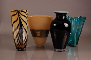 Four modern art glass and other glass vases, one sea green with folded hankercheif style rim, one