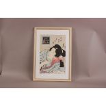 Japanese School (19th/20th century), 37cm by 25cm, woodcut print on paper, Japanese Lady Writing