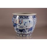 A large modern Chinese porcelain plant pot, 32cm high, chipped to rim, with a wooden stand,