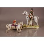 A German procelain figure of Napoleon on horseback, marked S to reverse, 34cm, in full uniform on