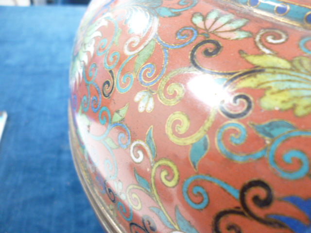 A nice early 20th century Chinese cloisonne circular box, 30cm diameter, with dragon chading flaming - Image 10 of 10