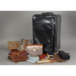 A small group of luggage and handbags and other items, including a Schedoni tan suitcase marked