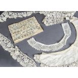 A quantity of lace, mainly 2oth century, including Brussels lace collar and a small sampler by