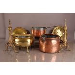 A collection of 19th and 20th century copper and brass items, including two bed pans, a pair of fire