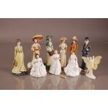 Ten pottery and porcelain figures of ladies, including three Royal Doulton figurines, Harmony,