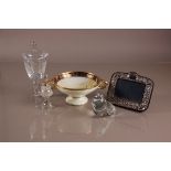 A modern Wedgwood glass frog paperweight and other items, including a silver fronted photograph
