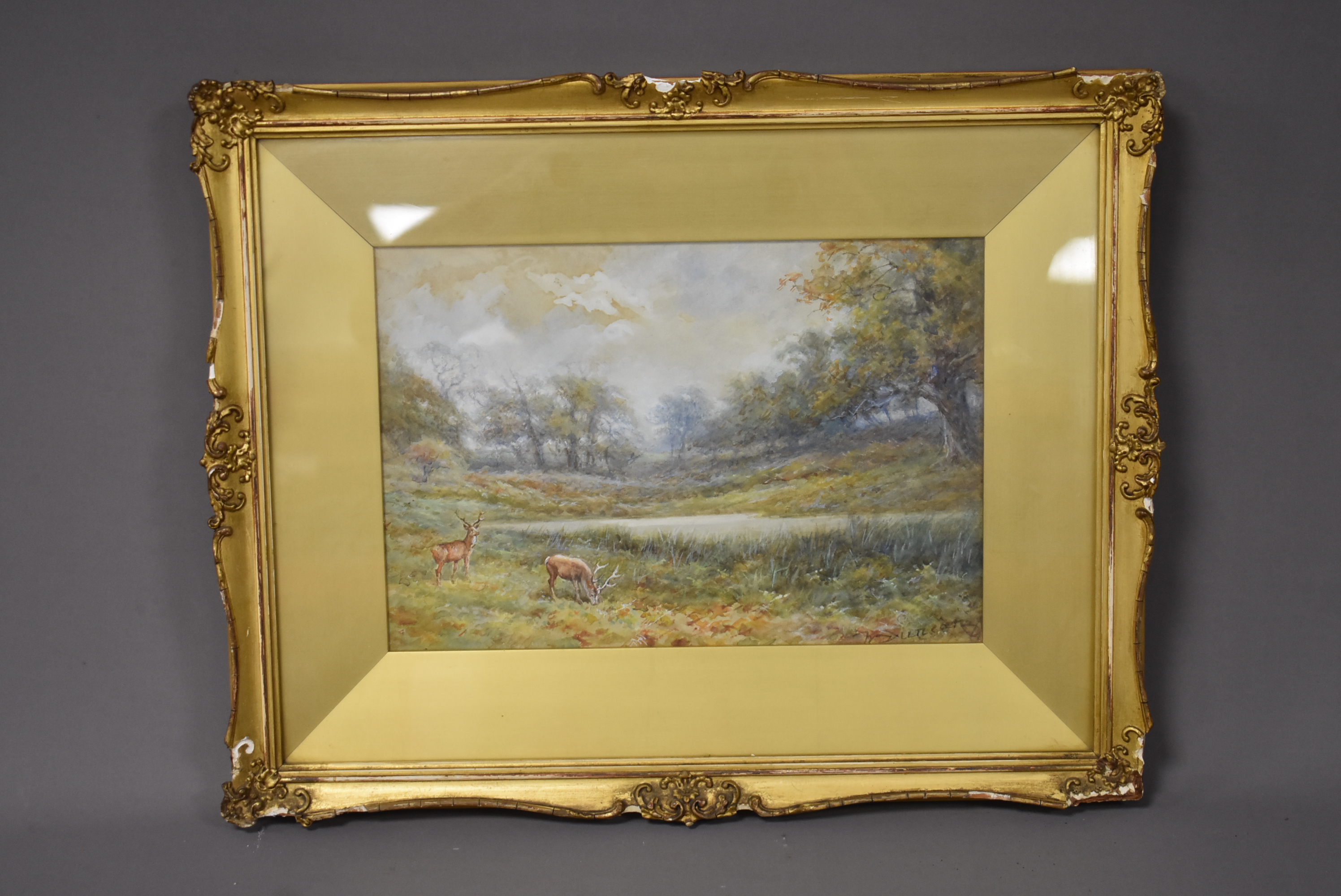 19th century (British School), 19cm by 28cm, watercolour, Stags near a wooded pond, signed