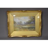 19th century (British School), 19cm by 28cm, watercolour, Stags near a wooded pond, signed