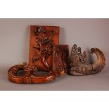 Four 19th and 20th century carved wooden items, including a tribal style soft wood carving with