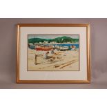 R. Johnston (20th century), 32cm by 46cm, watercolour and pen on paper, Fishermen on Beach in Spain,