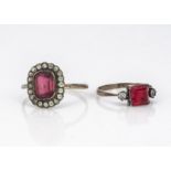 Two early 20th Century 9ct gold and red paste set dress rings, ring sizes S and H, total weight 3.8g